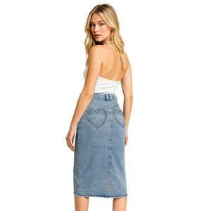 Juicy Couture Y2K Heart Pocket Denim Midi Skirt Size 10 Rhinestone Skirt Vintage